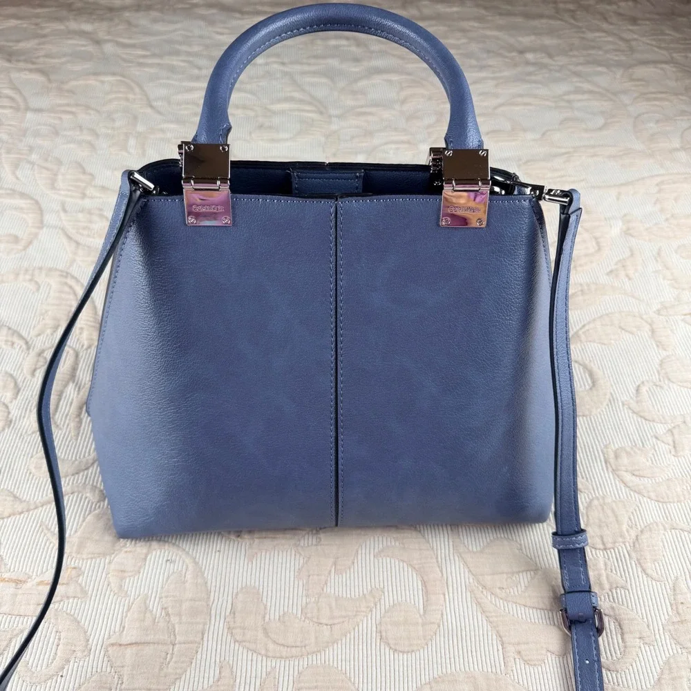 Calvin Klein Slate Blue Geometric Satchel Crossbody Bag Silver Hardware